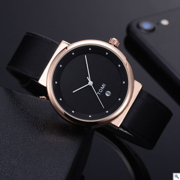 Ανδρικό Ρολόι TOMI - Leather Casual Analog Watch For Men Μαύρο