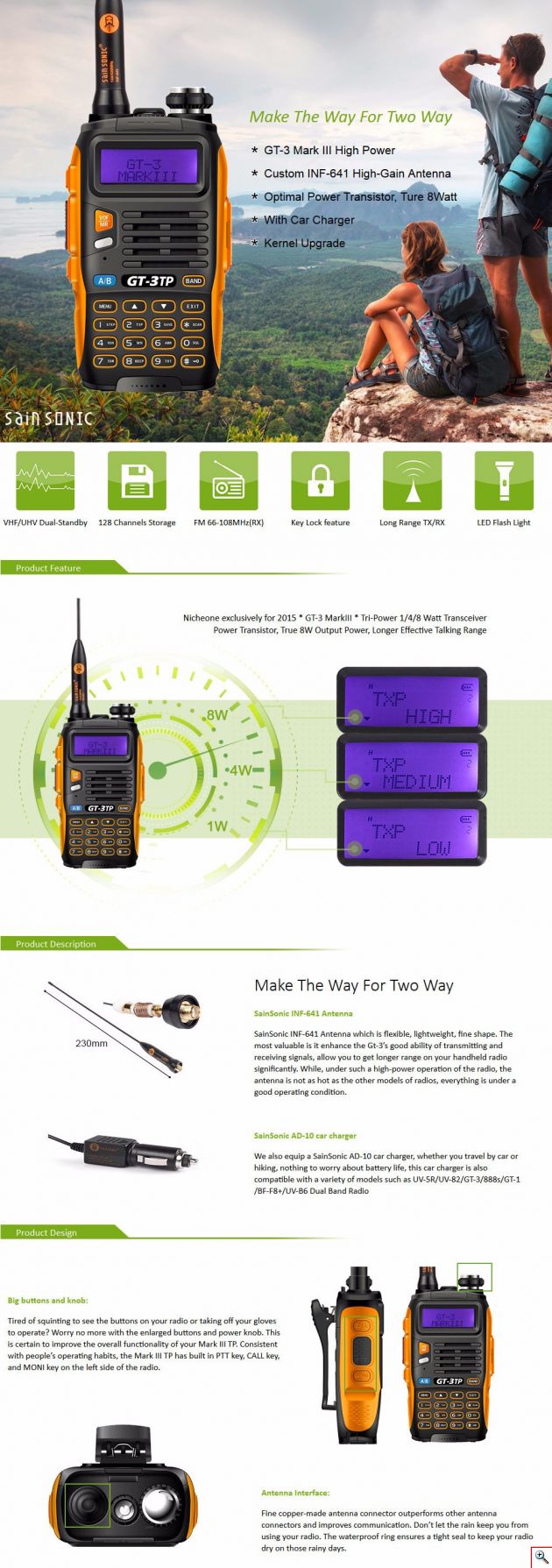Baofeng Πομποδέκτης Δύο Δρόμων Dual Band UHF/VHF 8W Υψηλή Ισχύς GT-3TP