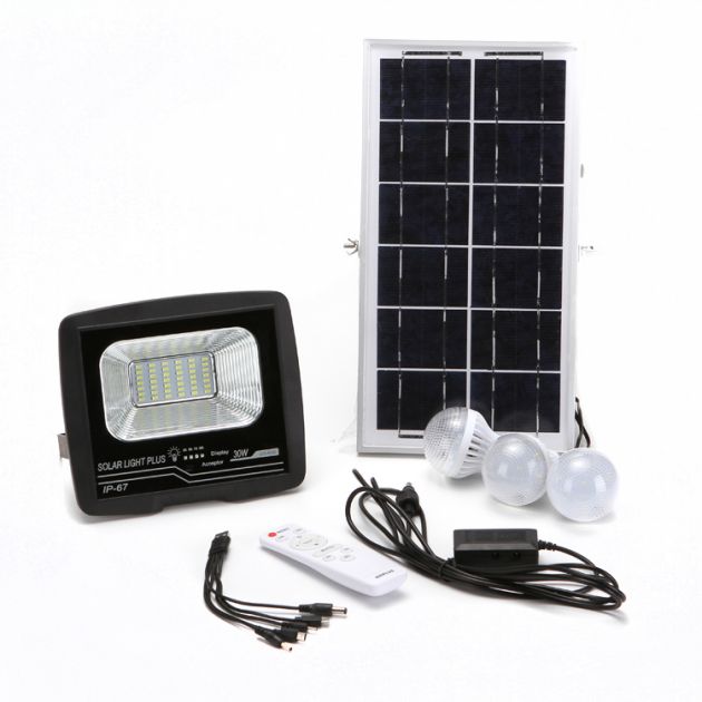 Ηλιακός Προβολέας με Πάνελ 30w, 3 Λάμπες IP67 με Τηλεχειριστήριο και Χρονοδιακόπτη