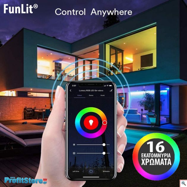 Έξυπνη Ταινία LED Wifi με App Κινητού FunLit® RGB Φωτορυθμικό Funlite SMD5050 3m USB 30LED/2.4W/m 2.4GHz & Ασύρματο Χειριστήριο - Αυτοκόλλητος Ατμοσφαιρικός Φωτισμός Εσωτερικού Χώρου