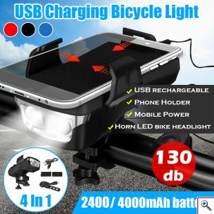 Αδιάβροχη USB Επαναφορτιζόμενη Βάση Κινητού Powerbank, Κόρνα & Φως Πορείας - Φακός LED 800lm Ποδηλάτου - LED Bicycle Horn Lamp Μπλε