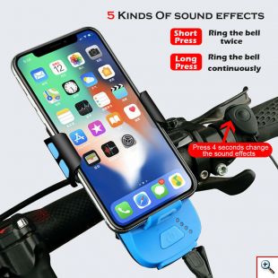 Αδιάβροχη USB Επαναφορτιζόμενη Βάση Κινητού Powerbank, Κόρνα & Φως Πορείας - Φακός LED 800lm Ποδηλάτου - LED Bicycle Horn Lamp Μπλε