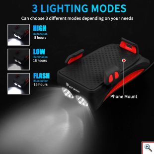 Αδιάβροχη USB Επαναφορτιζόμενη Βάση Κινητού Powerbank, Κόρνα & Φως Πορείας - Φακός LED 800lm Ποδηλάτου - LED Bicycle Horn Lamp Μαύρο