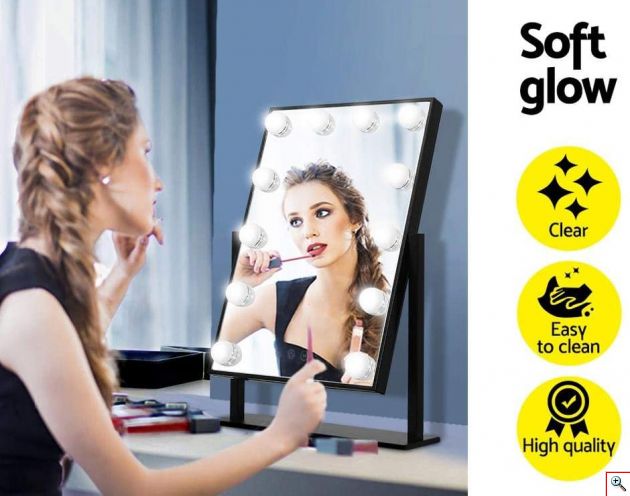 Μεγάλος Καθρέφτης Μακιγιάζ με 12 LED Ρυθμιζόμενο Φωτισμό Αφής 40x30cm - Mirror Makeup HD Beauty Μαύρο