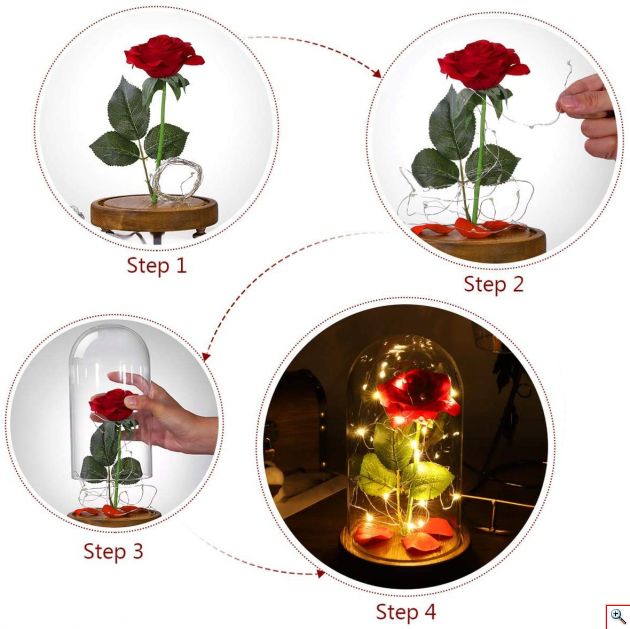 Διακοσμητικό Φωτιστικό Τριαντάφυλλο σε Βάζο με LED - Rose Light with Glass Dome