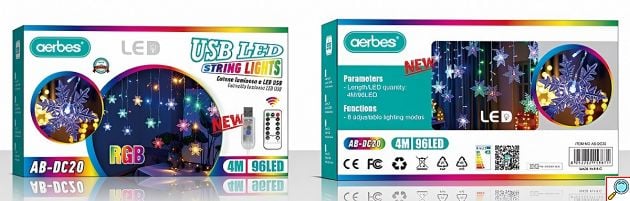 Χριστουγεννιάτικη Κουρτίνα LED RGB - 4m / 96 LED, USB πολύχρωμος φωτισμός με νιφάδες