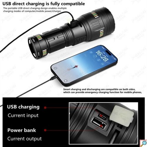 Επαναφορτιζόμενος Φακός LED Αδιάβροχος IP67 με Μέγιστη Φωτεινότητα 40000lm και Λειτουργία Strobe X-Balog