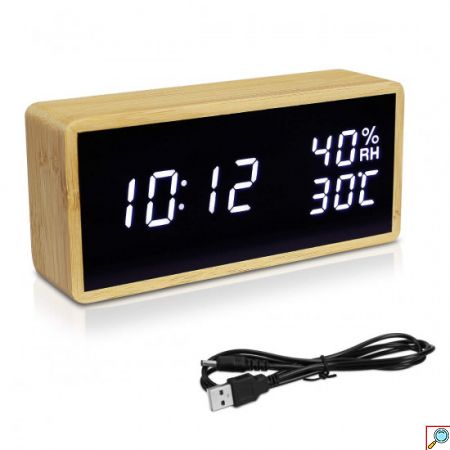 Επαναφορτιζόμενο Ηλεκτρονικό LED USB Ξύλινο Ρολόι, Ξυπνητήρι, Θερμόμετρο - LED Wooden Clock Μπεζ