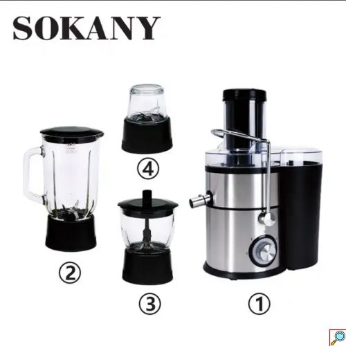 Πολυμήχανη Sokany 4 σε 1 – Αποχυμωτής, Μπλέντερ, Κρεατομηχανή, Μύλος Καφέ Χωρητικότητας 3 Λίτρα με 2 Ταχύτητες 1000W Inox Ασημί