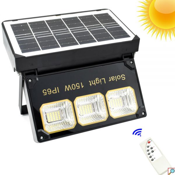 LED Αδιάβροχος Ηλιακός Προβολέας 150W Λευκού Φωτισμού με Τηλεχειριστήριο & Χρονοδιακόπτη - Μαύρος