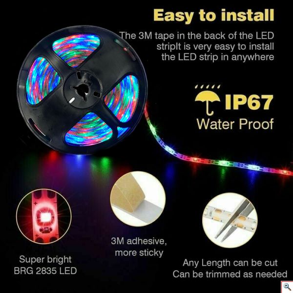 Αδιάβροχη Αυτόνομη RGB Ταινία LED 3528 SMD, με Ηλιακό Πάνελ & Τηλεχειριστήριο, RGB Λεντοταινία 5 Μέτρων, OEM