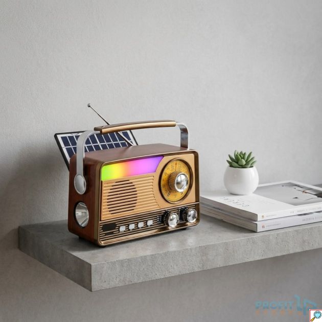 Ρετρό Bluetooth Ραδιόφωνο - Ηλιακή Φόρτιση, RGB Φωτισμός & Φακός - FM/AM/SW, USB/TF, Φορητό Ηχείο για Κάμπινγκ & Σπίτι