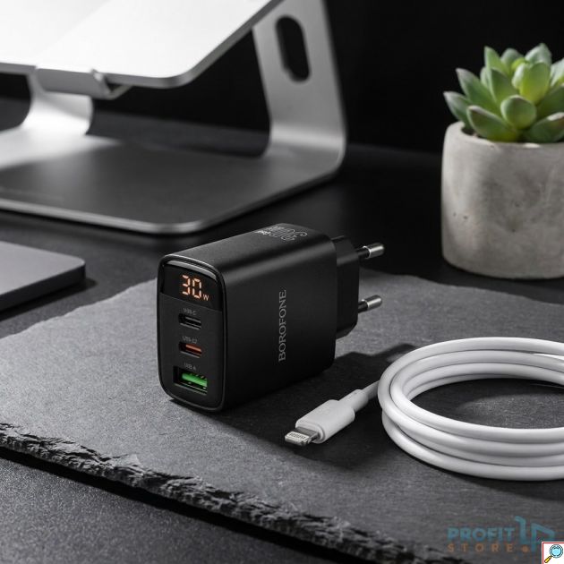 Φορτιστής Τοίχου Borofone BA98A 30W PD – 2x USB-C & USB-A | Ταχεία Φόρτιση, LED Οθόνη & Καλώδιο Lightning, για iPhone, Android, Tablet