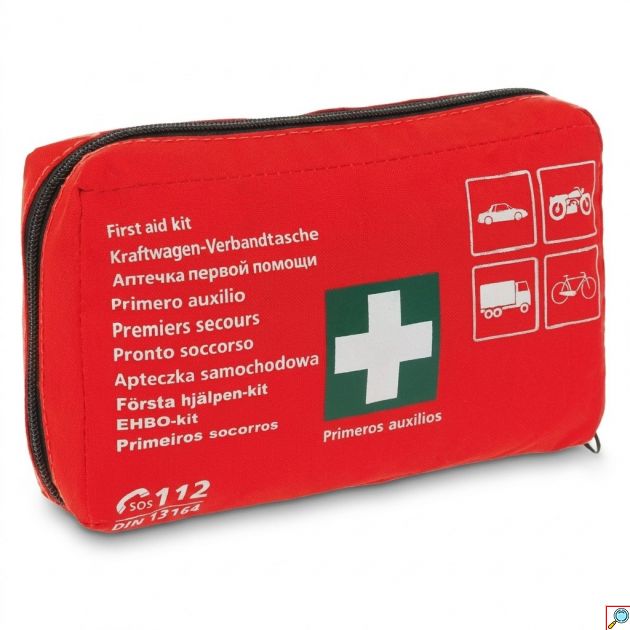 Φαρμακείο Αυτοκινήτου - 17 είδη, Συμπαγές & Σύμφωνο με DIN 13164 - Κόκκινο σε θήκη με φερμουάρ, ένδειξη SOS 112