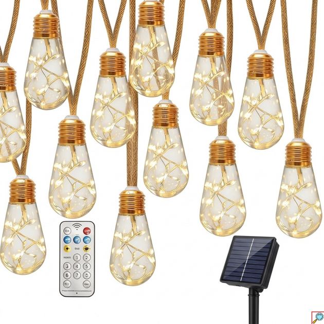 Ηλιακή Γιρλάντα LED 7,8m με 16 Λαμπάκια - Ζεστός εξωτερικός φωτισμός - Τηλεχειριστήριο, 8 λειτουργίες, IP65