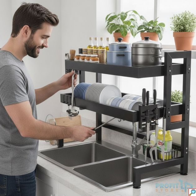 Ραφιέρα Οργάνωσης Νεροχύτη - Διώροφη Μεταλλική Βάση Κουζίνας για Πιάτα & Σκεύη - 65x26x80cm, Μαύρο Χρώμα, Εξοικονόμηση Χώρου