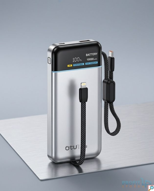 Power Bank 10000mAh - Γρήγορη φόρτιση 22.5W, Ενσωματωμένα Διπλά Καλώδια και Ψηφιακή Οθόνη LED