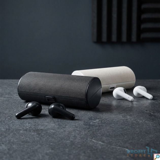 Ασύρματα Ακουστικά Bluetooth Ezra με θήκη-ηχείο, φορητός ήχος σε Μαύρο/Λευκό