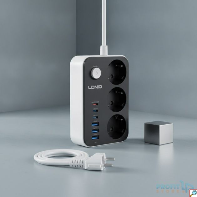 Πολύπριζο Ασφαλείας με 3 Πρίζες & 6 Θύρες USB - Προστασία, PD 20W, Καλώδιο 2m