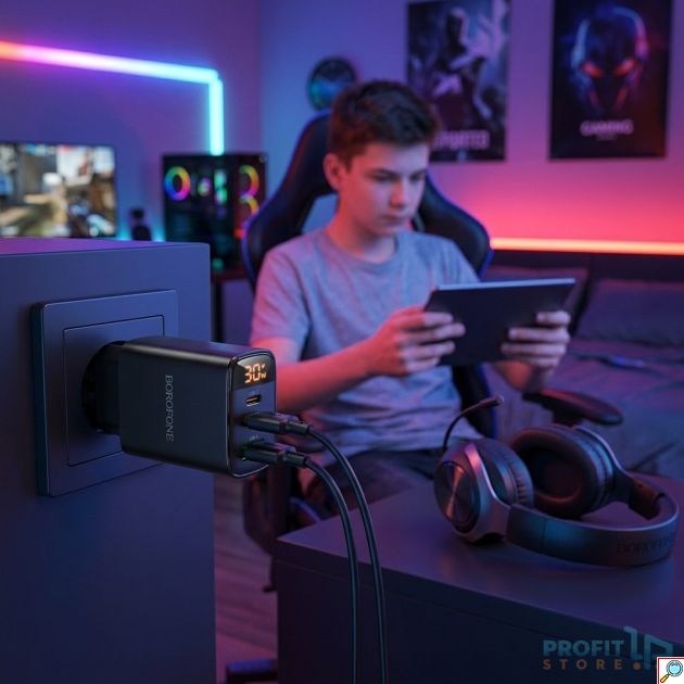 Φορτιστής Τοίχου Borofone BA98A 30W PD – 2x USB-C & USB-A | Ταχεία Φόρτιση, LED Οθόνη & Καλώδιο Lightning, για iPhone, Android, Tablet