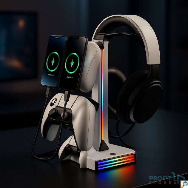 Βάση Gaming - 2 σε 1 RGB οργάνωση για ακουστικά & χειριστήρια - 7 λειτουργίες φωτισμού, 2 USB, Plug & Play