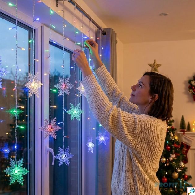 Χριστουγεννιάτικη Κουρτίνα LED RGB - 4m / 96 LED, USB πολύχρωμος φωτισμός με νιφάδες