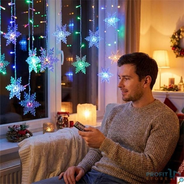 Χριστουγεννιάτικη Κουρτίνα LED RGB - 4m / 96 LED, USB πολύχρωμος φωτισμός με νιφάδες