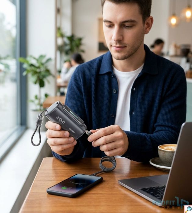 Power Bank 10000mAh 22.5W - Γρήγορη Φόρτιση PD με Ενσωματωμένο Καλώδιο USB-C & Οθόνη LED, Compact Σχεδιασμός για Ταξίδια