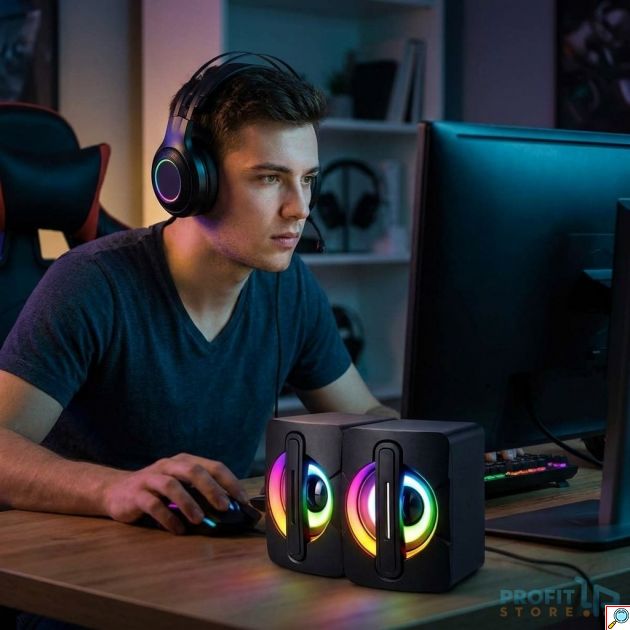 Ηχεία Υπολογιστή 6W με RGB LED - Compact Στερεοφωνικός Ήχος για Gaming & Εργασία - Τροφοδοσία USB, Plug & Play Σύνδεση