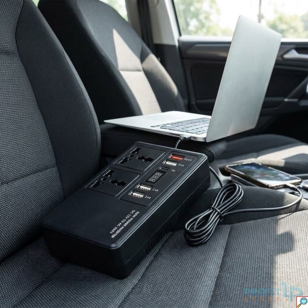 Μετατροπέας Ρεύματος Αυτοκινήτου 200W – Inverter 12V σε 220V με 2 Πρίζες, 4 USB & Type-C PD - QC3.0, Οθόνη LED, Για Laptop, Smartphone