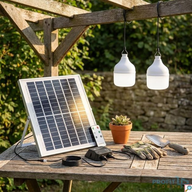 Διπλό Ηλιακό Φωτιστικό 70W – 700lm, 6500K, IP65, Τηλεχειριστήριο & 2 Κρεμαστές Λάμπες για Αυτόνομο Φωτισμό Εσωτερικού/Εξωτερικού Χώρου
