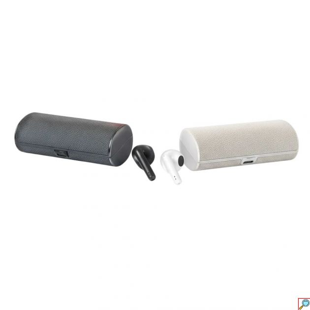 Ασύρματα Ακουστικά Bluetooth Ezra με θήκη-ηχείο, φορητός ήχος σε Μαύρο/Λευκό