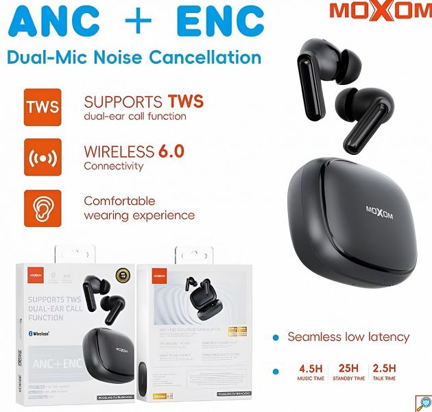 Ασύρματα Ακουστικά Bluetooth – TWS με ANC & ENC - Διπλή Ακύρωση Θορύβου, Χαμηλή Καθυστέρηση, Αυτονομία έως 25 ώρες