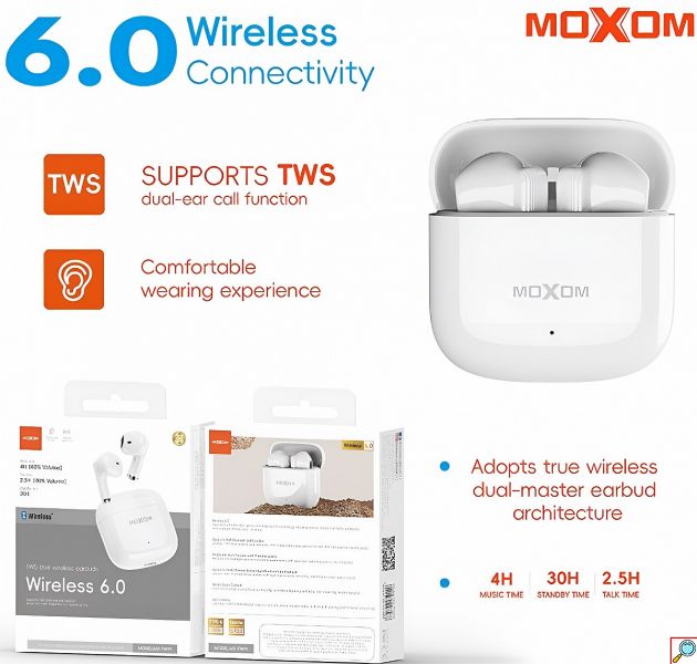 Ασύρματα Ακουστικά – TWS Bluetooth 6.0 με Θήκη Φόρτισης - Dual-Ear Call, 30 Ώρες Αναμονή, Άνετη Εφαρμογή, Λευκό Χρώμα