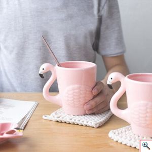 Ανάγλυφη 3D Κεραμική Κούπα Σε Σχήμα Φλαμίνγκο 400 ml, Ανθεκτική Ροζ Κούπα για Καφέ / Τσάι, OEM
