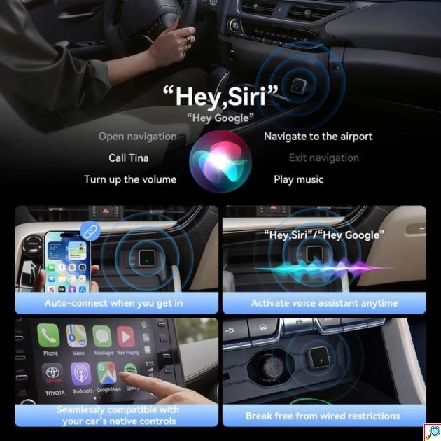 Ασύρματος Αντάπτορας CarPlay & Android Auto - 2 σε 1 USB-A, αυτόματη σύνδεση χωρίς καλώδια, μαύρος