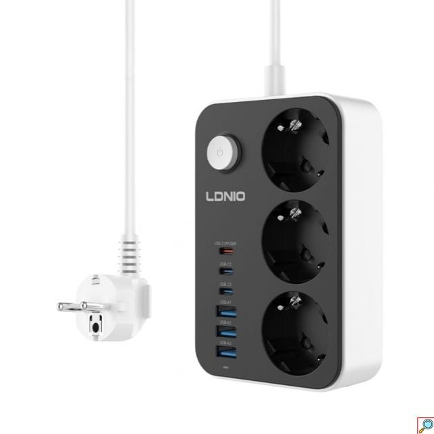 Πολύπριζο Ασφαλείας με 3 Πρίζες & 6 Θύρες USB - Προστασία, PD 20W, Καλώδιο 2m