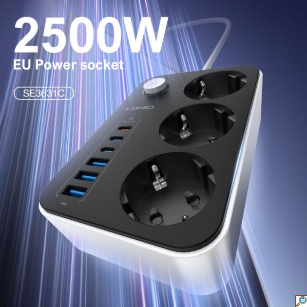 Πολύπριζο Ασφαλείας με 3 Πρίζες & 6 Θύρες USB - Προστασία, PD 20W, Καλώδιο 2m