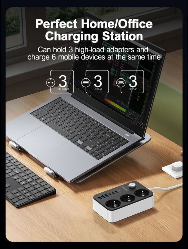 Πολύπριζο Ασφαλείας με 3 Πρίζες & 6 Θύρες USB - Προστασία, PD 20W, Καλώδιο 2m