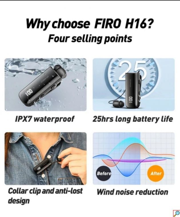 Ασύρματο Handsfree Ακουστικό Bluetooth Firo με Αναδιπλούμενο Καλώδιο, Δόνηση & Ένδειξη Μπαταρίας – Μαύρο