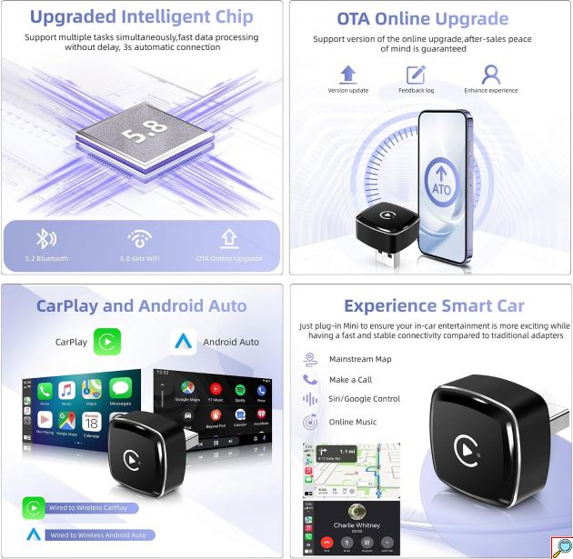 AutoSky IQ X1710 – Ασύρματος Αντάπτορας Apple CarPlay & Android Auto - USB/USB-C, Siri, Πλήρης Συμβατότητα