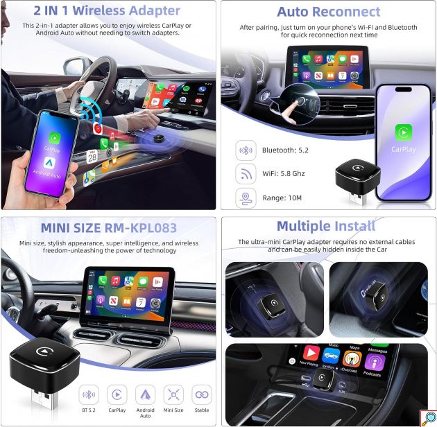 AutoSky IQ X1710 – Ασύρματος Αντάπτορας Apple CarPlay & Android Auto - USB/USB-C, Siri, Πλήρης Συμβατότητα