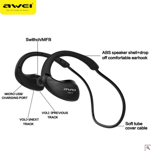 Αδιάβροχα Ασύρματα Ακουστικά Bluetooth για Τρέξιμο & Άθληση V4.1 - AWEI Wireless Sport Headset Handsfree