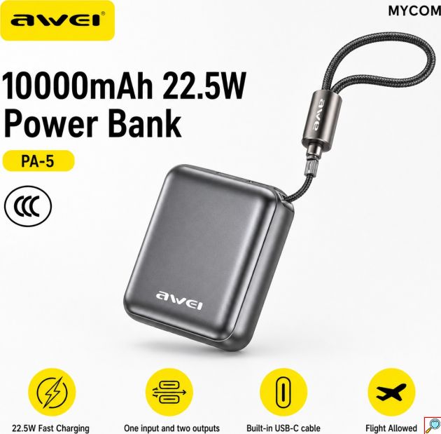 Awei Power Bank 10000mAh – Γρήγορη Φόρτιση 22.5W με Ενσωματωμένο Καλώδιο