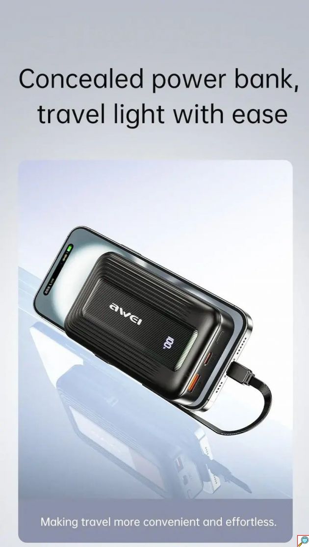Awei Travel Light Power Bank 10000mAh – Ενσωματωμένα Καλώδια USB-C και Lightning 22.5W, Διπλή Έξοδος