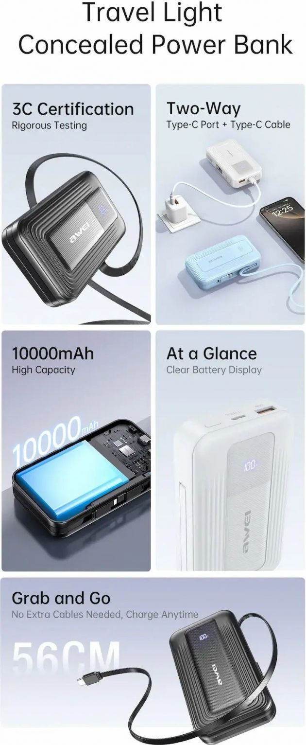 Awei Travel Light Power Bank 10000mAh – Ενσωματωμένα Καλώδια USB-C και Lightning 22.5W, Διπλή Έξοδος