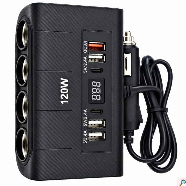 Πολυφορτιστής Αυτοκινήτου 120W – 4 Υποδοχές Αναπτήρα & 4 USB Θύρες - Γρήγορη Φόρτιση QC 3.0, Ψηφιακή Ένδειξη Τάσης, Προστασία Υπερφόρτισης