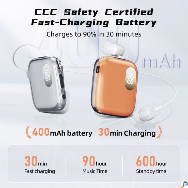Bluetooth Ακουστικό V6.0 - Hands-free με Κλιπ Πέτου & 90H Αυτονομία - ENC, Ταχεία Φόρτιση, Αναδιπλούμενο Καλώδιο & Ψηφιακή Οθόνη