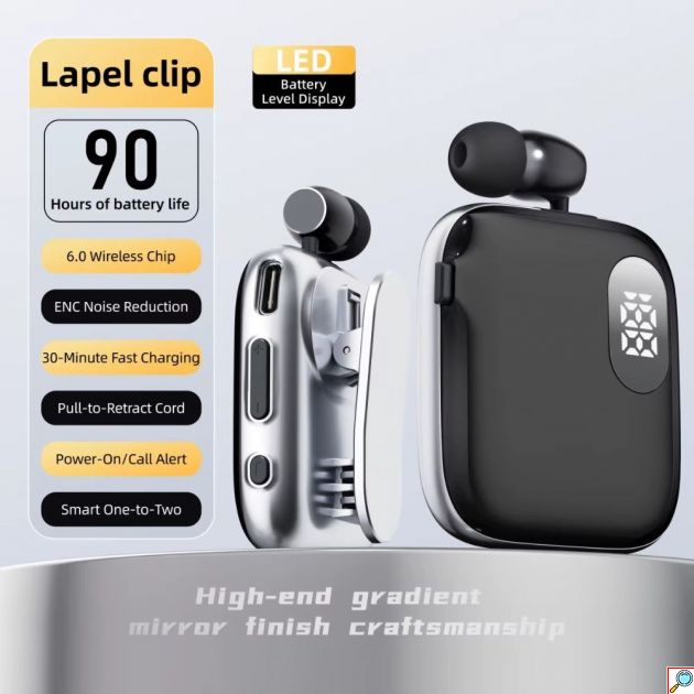 Bluetooth Ακουστικό V6.0 - Hands-free με Κλιπ Πέτου & 90H Αυτονομία - ENC, Ταχεία Φόρτιση, Αναδιπλούμενο Καλώδιο & Ψηφιακή Οθόνη