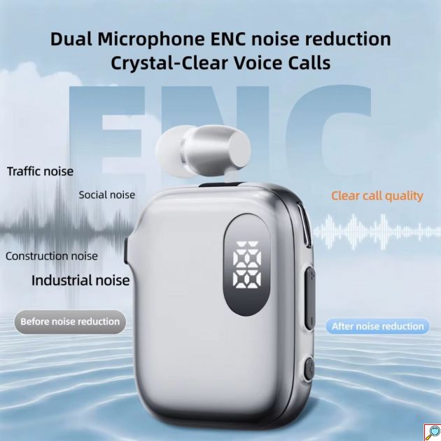 Bluetooth Ακουστικό V6.0 - Hands-free με Κλιπ Πέτου & 90H Αυτονομία - ENC, Ταχεία Φόρτιση, Αναδιπλούμενο Καλώδιο & Ψηφιακή Οθόνη